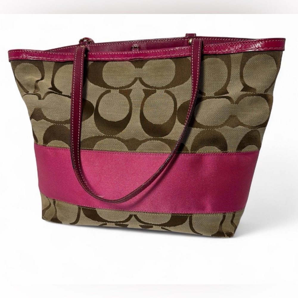 Coach Khaki Signature Canvas Tote with Fuchsia Accent